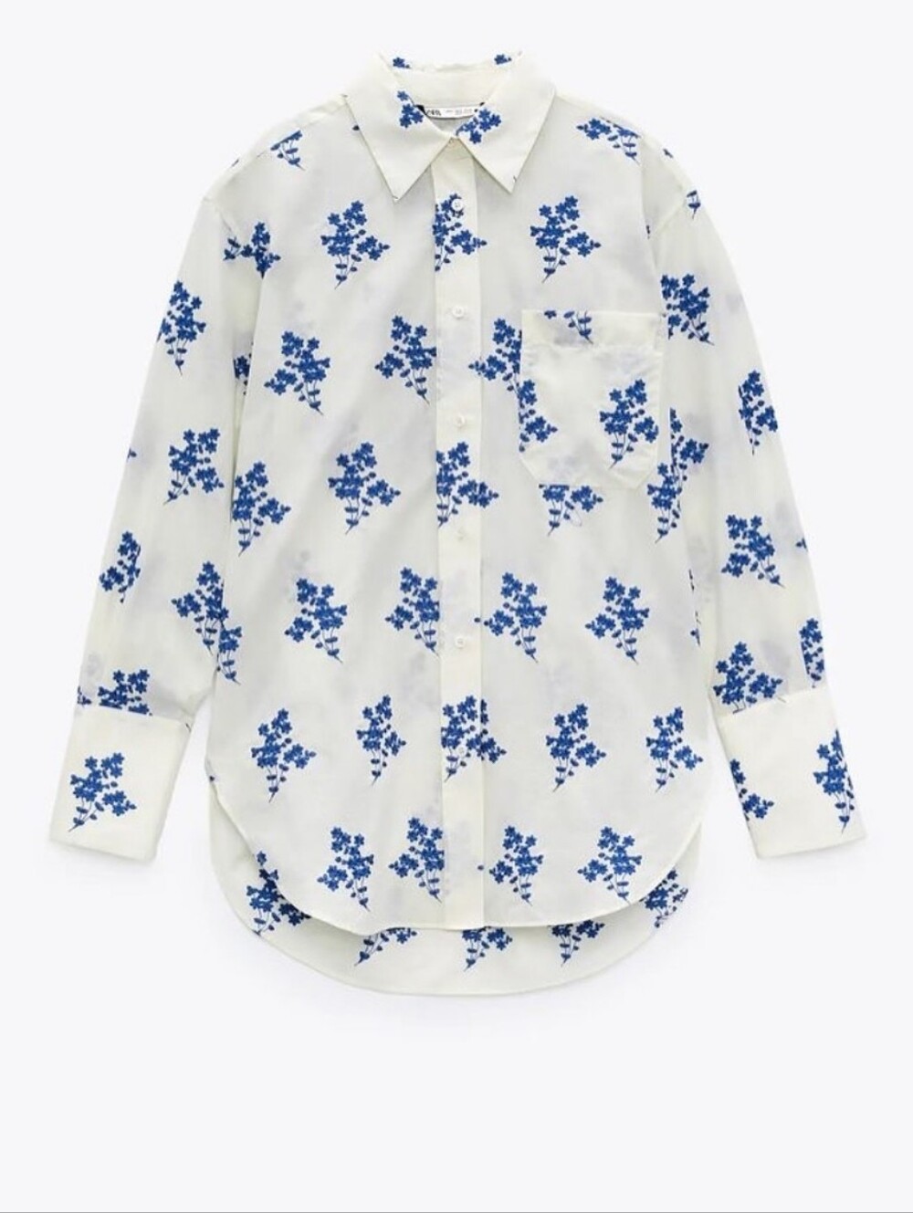 Zara Oversized Long Cream Button Down Shirt With Blue Floral Embroidery S